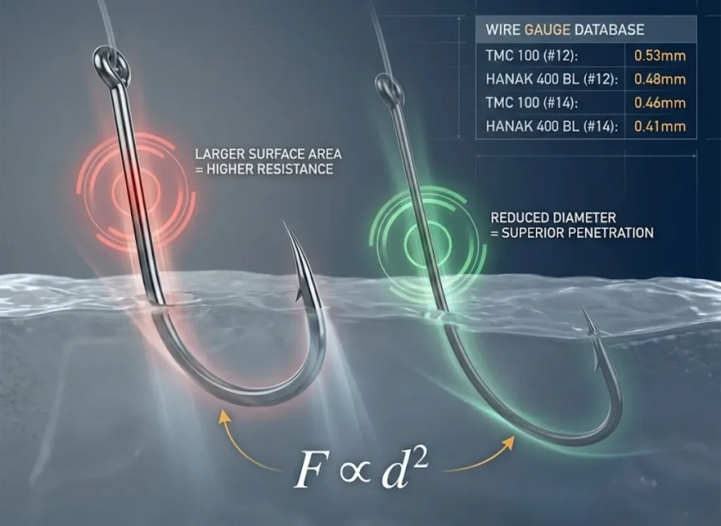 A technical semantic infographic comparing fishing hook wire diameters and penetration efficiency. It features a macro view of a TMC 100 and a Hanak 400 BL hook, a cross-sectional area diagram, and an integrated data table titled 'Wire Gauge Database' showing millimeter measurements for sizes #12 and #14.