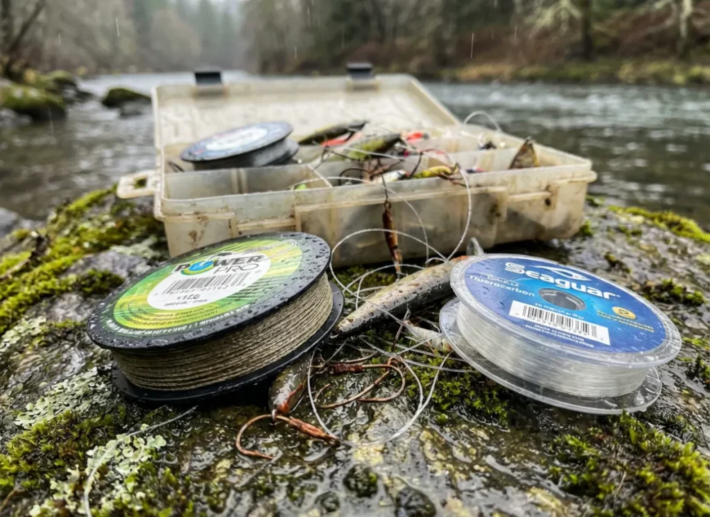 Fishing line spools in a tackle box sitting in the rain, showing the texture of braid versus monofilament in a wet environment.