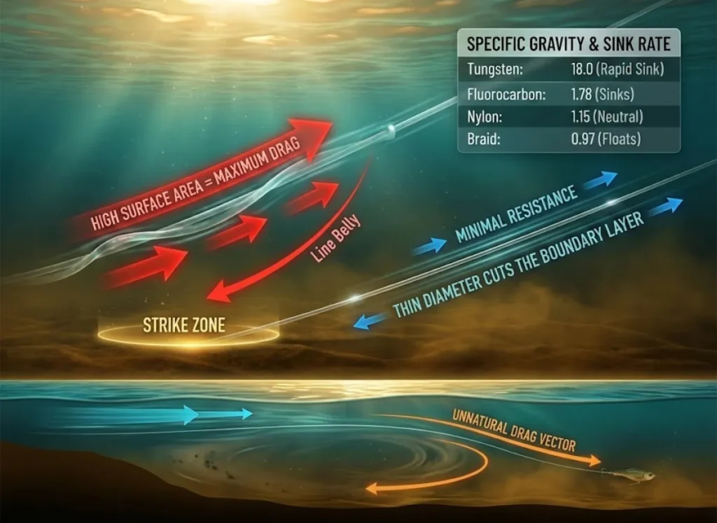 An advanced semantic infographic illustrating the fluid dynamics of fishing lines. It features a cross-section of a river showing how line diameter and density (Specific Gravity) create drag vectors. Includes a comparison table for Braid, Mono, Fluorocarbon, and Tungsten, and a visual representation of the 'Line Belly' conflict in varying current speeds.