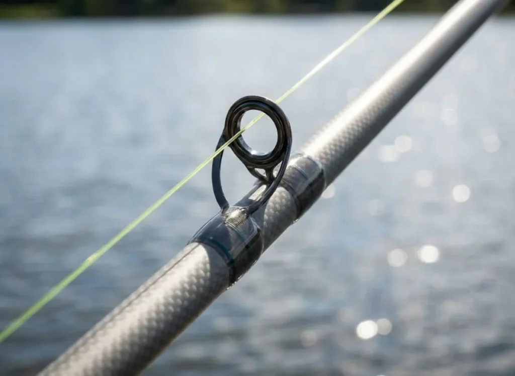 Close up of Sunline fluorocarbon running through the guides of a St. Croix rod.