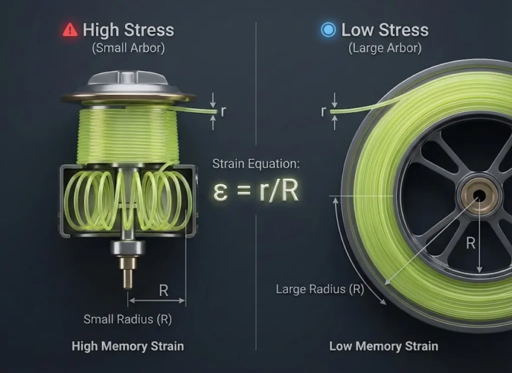 A split-screen 3D technical illustration comparing a small arbor fishing reel spool with a large arbor spool. The diagram visualizes the Strain Equation (ε = r/R), showing how a smaller radius causes tighter coiling and high line memory, while a larger radius results in less stress on the line.