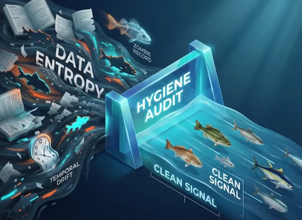 A 3D isometric infographic showing a river of fishing data; chaotic, glitching fish representing "Data Entropy" on the left flow through a "Hygiene Audit" filter to become organized, clear records on the right.