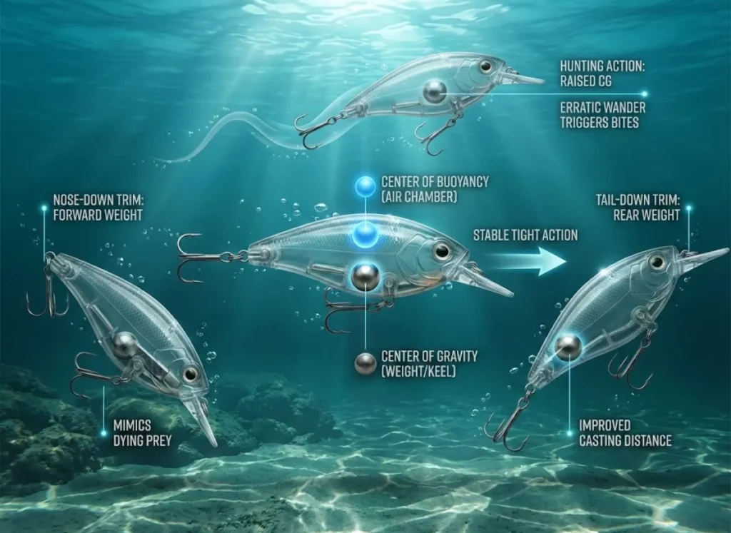 A detailed infographic illustrating how internal balance points act as a keel in fishing lures. Four transparent lures are shown underwater: a central stable lure highlighting Center of Gravity versus Center of Buoyancy, a nose-down lure with forward weight, a tail-down lure with rear weight, and an unstable "hunting" lure with a raised center of gravity. Text labels explain the physics and resulting behaviors.
