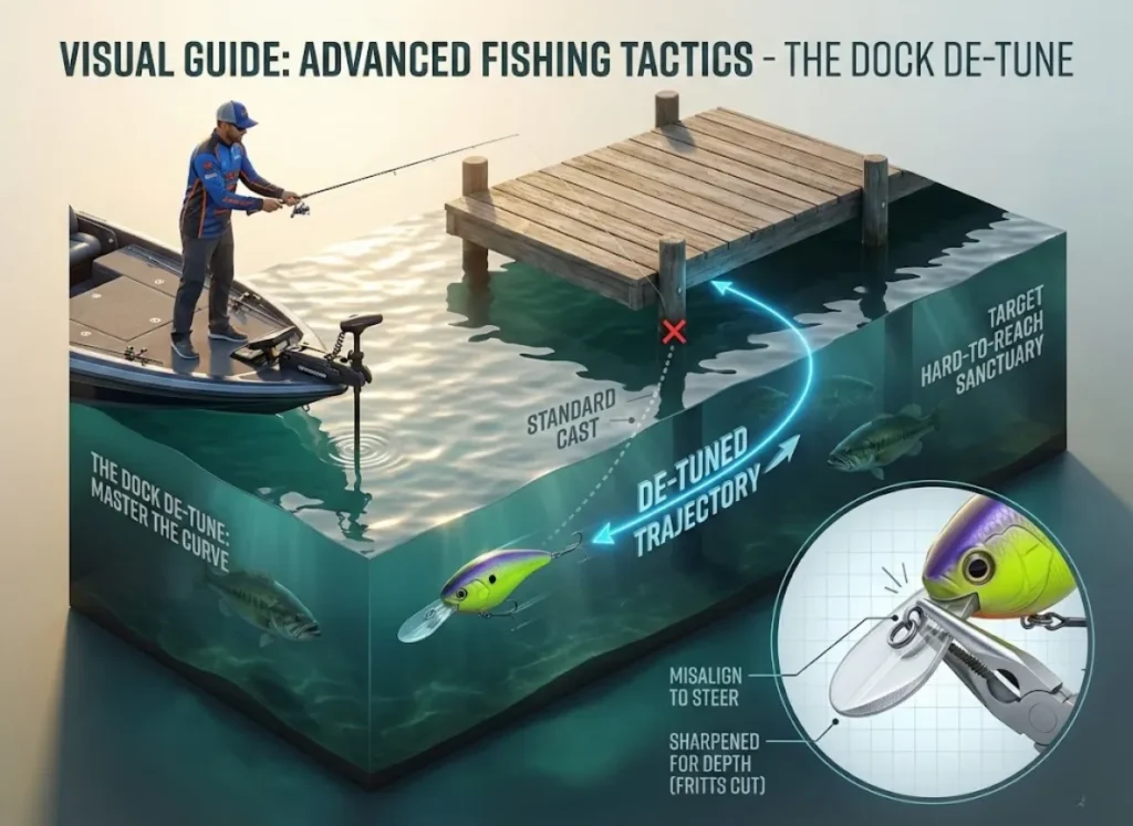 A split-view technical illustration showing a fishing scenario. The main scene depicts a cutaway view of a wooden boat dock where a crankbait lure is swimming in a curved trajectory under the pilings. A secondary macro inset shows a pair of pliers bending the eyelet of the lure.