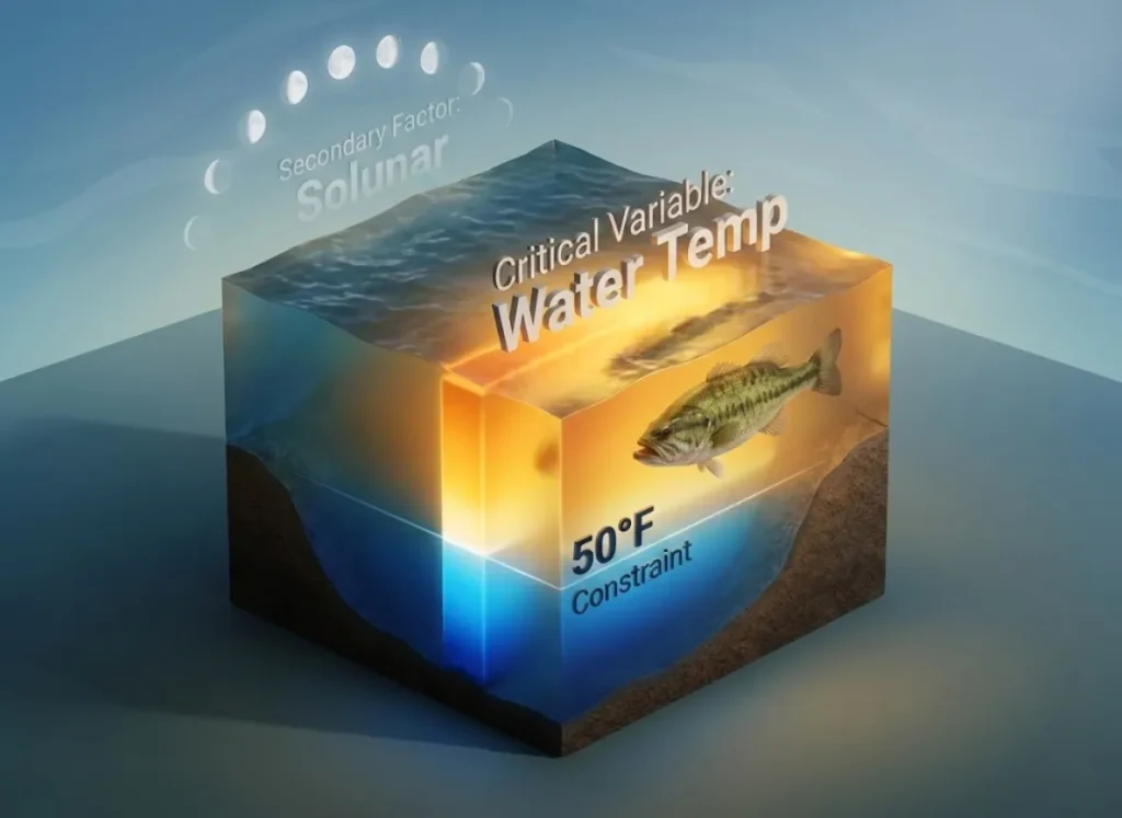 A stunning 3D isometric infographic illustrating fish metabolism. A vertical thermal heatmap in the water column labeled "Critical Variable" transitions from cold blue to warm amber, acting as a barrier for a Largemouth Bass. A faint lunar cycle in the sky is labeled "Secondary Factor."