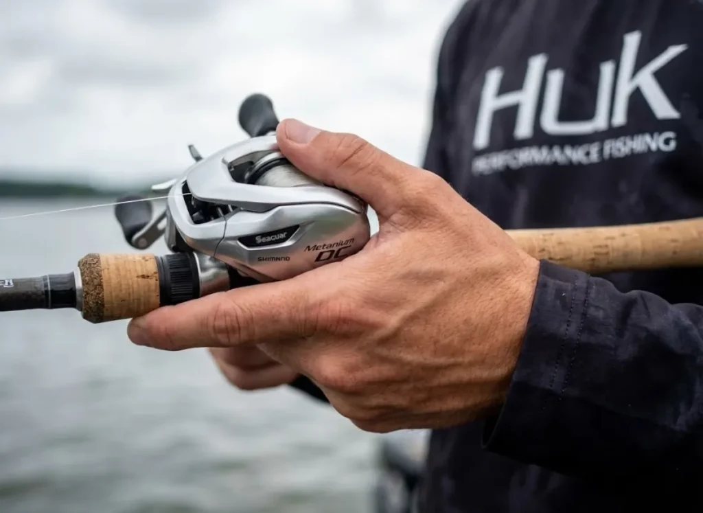 Close up of angler's hand gripping a Shimano reel waiting to feel a bite.