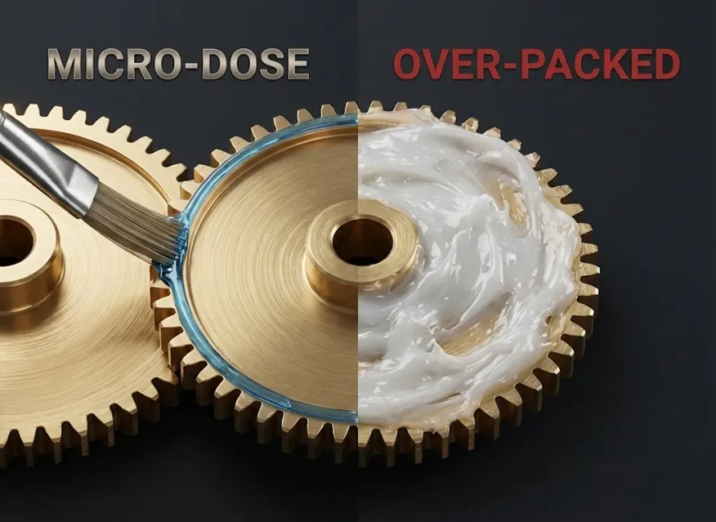 A split-screen macro closeup of fishing reel gears. The left side shows a brass gear with a perfect, thin layer of grease labeled "Micro-Dose," while the right side shows a messy gear covered in white globs labeled "Over-Packed."