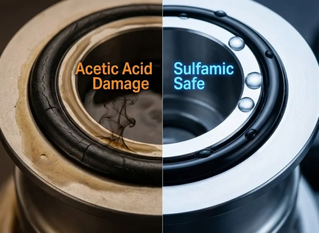 A split-screen macro visualization comparing fishing reel O-rings; the left side shows a damaged, swollen rubber seal leaking black dye in vinegar, labeled "Acetic Acid Damage," while the right side shows a pristine, glossy seal with clear water beads, labeled "Sulfamic Safe."