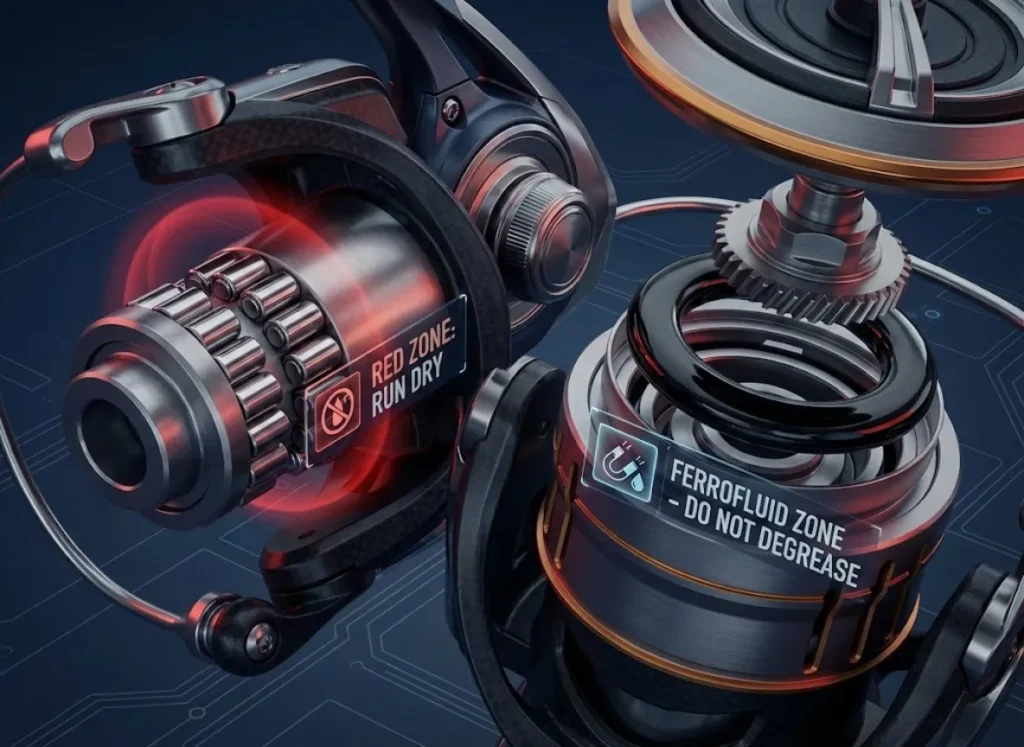 A detailed 3D cross-section of a high-end fishing reel highlighting two critical maintenance danger zones: the Anti-Reverse Clutch and the MagSeal assembly, with floating warning text labels indicating chemical restrictions.