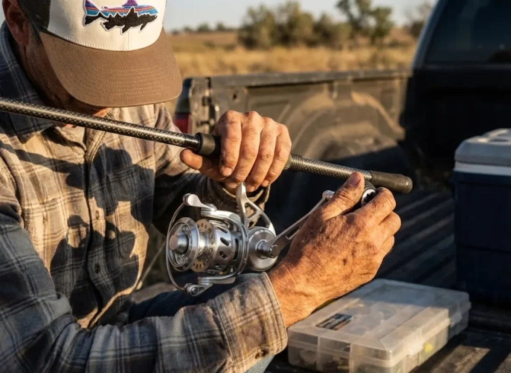 Angler in a Patagonia hat inspecting the aluminum body of a Van Staal reel.