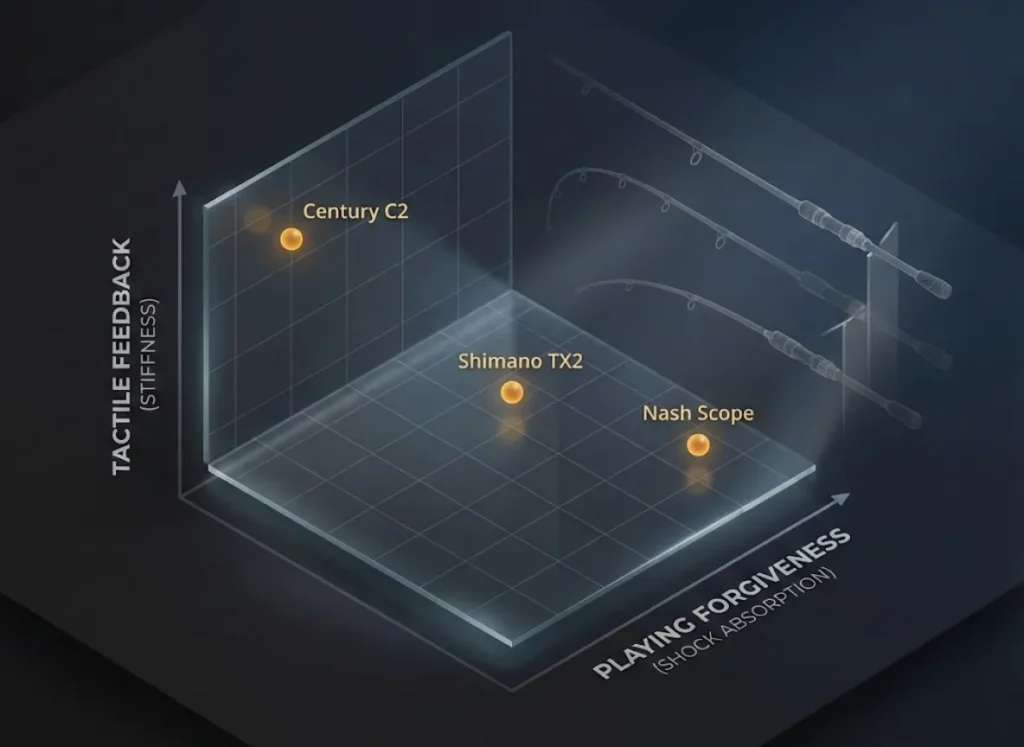A sophisticated 3D isometric semantic infographic comparing fishing rod "Tactile Feedback" and "Playing Forgiveness." The visual features a sleek, dark carbon-fiber aesthetic with glowing data points representing rod models like the Century C2 and Shimano TX2 on a dynamic scatter plot.