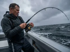 Why Your Fishing Rod Is a Third-Class Lever (Physics Explained) Angler in Patagonia gear fighting a large fish with a bent G. Loomis rod and Shimano Stella reel in rough ocean conditions.