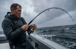 Why Your Fishing Rod Is a Third-Class Lever (Physics Explained) Angler in Patagonia gear fighting a large fish with a bent G. Loomis rod and Shimano Stella reel in rough ocean conditions.