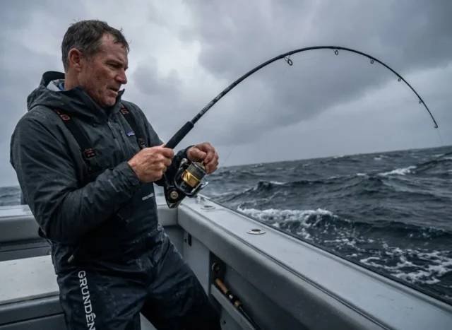 fishing-rod-physics-guide-levers Angler in Patagonia gear fighting a large fish with a bent G. Loomis rod and Shimano Stella reel in rough ocean conditions.