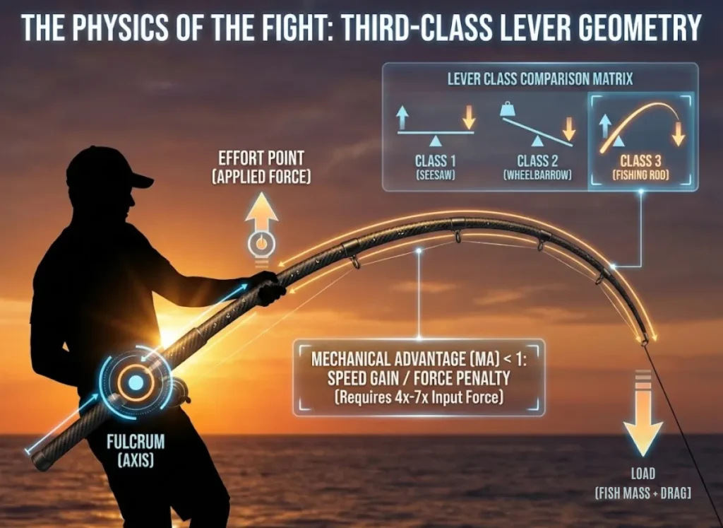 A technical infographic illustrating the biomechanics of a fishing rod as a third-class lever. The main visual shows an angler fighting a fish with force vectors overlaid for Fulcrum, Effort, and Load. An inset panel compares Class 1 (Seesaw), Class 2 (Wheelbarrow), and Class 3 (Fishing Rod) lever arrangements.