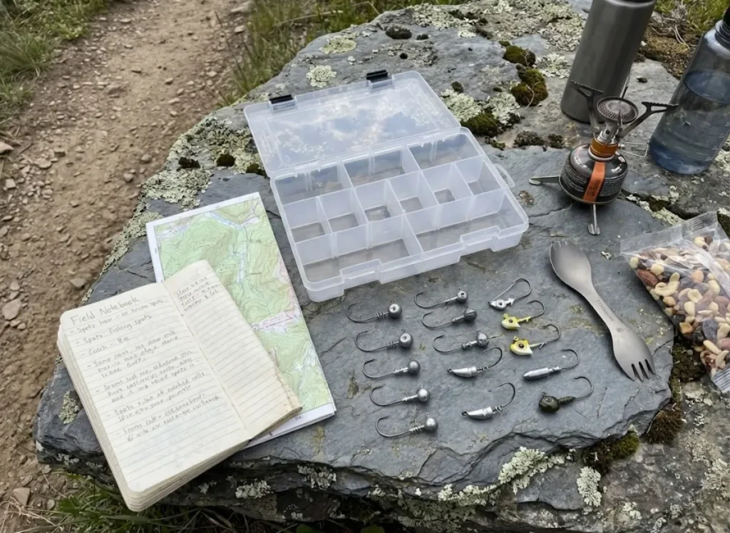 Hiking fishing gear and jigheads organized on a rock with a field notebook and map.