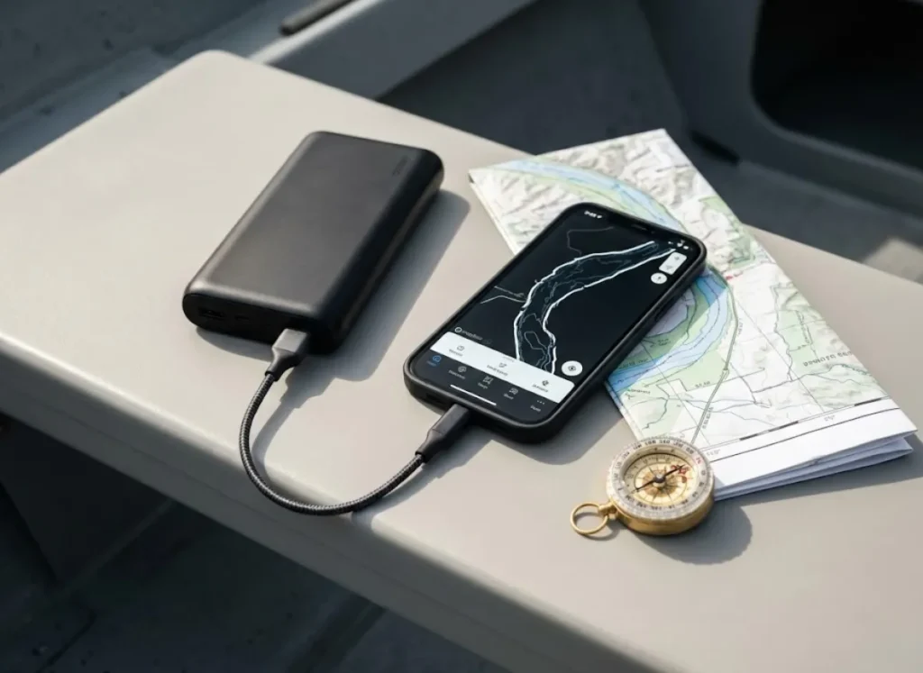 Portable power bank charging a smartphone alongside a compass and paper map on a fishing boat.