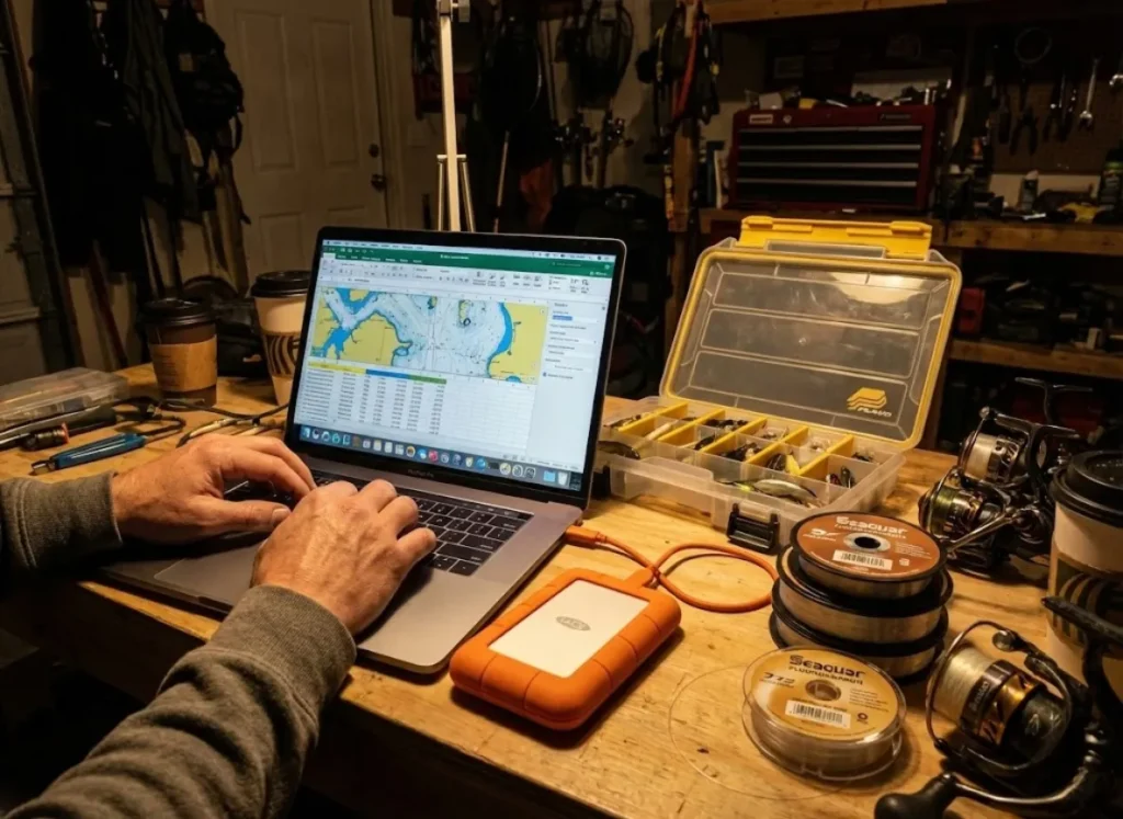 Laptop setup in a garage with Plano tackle boxes and LaCie drive for managing fishing GPS data.