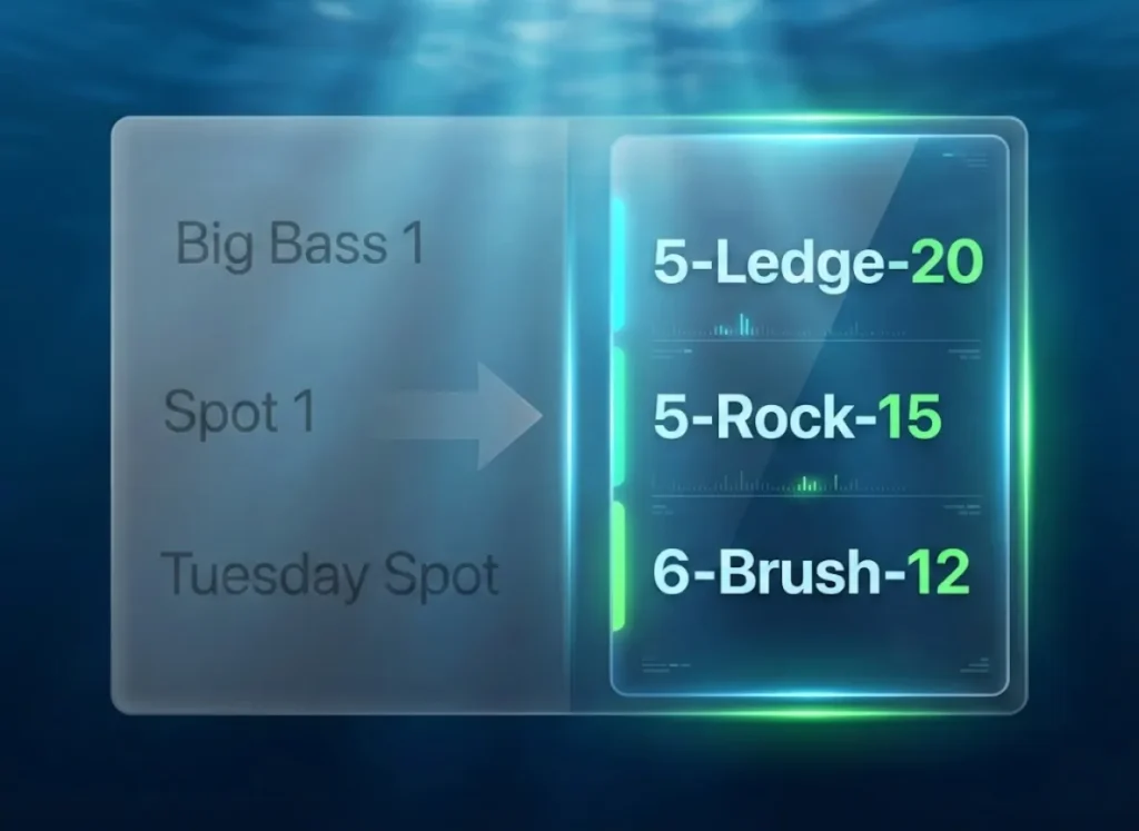A split-screen infographic comparing fishing waypoint naming conventions. The left side shows a disorganized list with generic names like "Big Bass," while the right side displays a sleek, sorted list using the "Date-Type-Depth" protocol like "5-Ledge-20" on a high-tech interface.