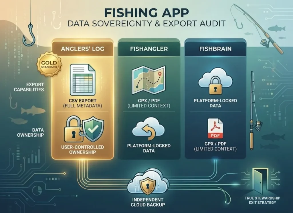 A premium infographic comparing the data sovereignty and export capabilities of Anglers' Log, FishAngler, and Fishbrain fishing apps. It highlights CSV export as the "Gold Standard" for data ownership.