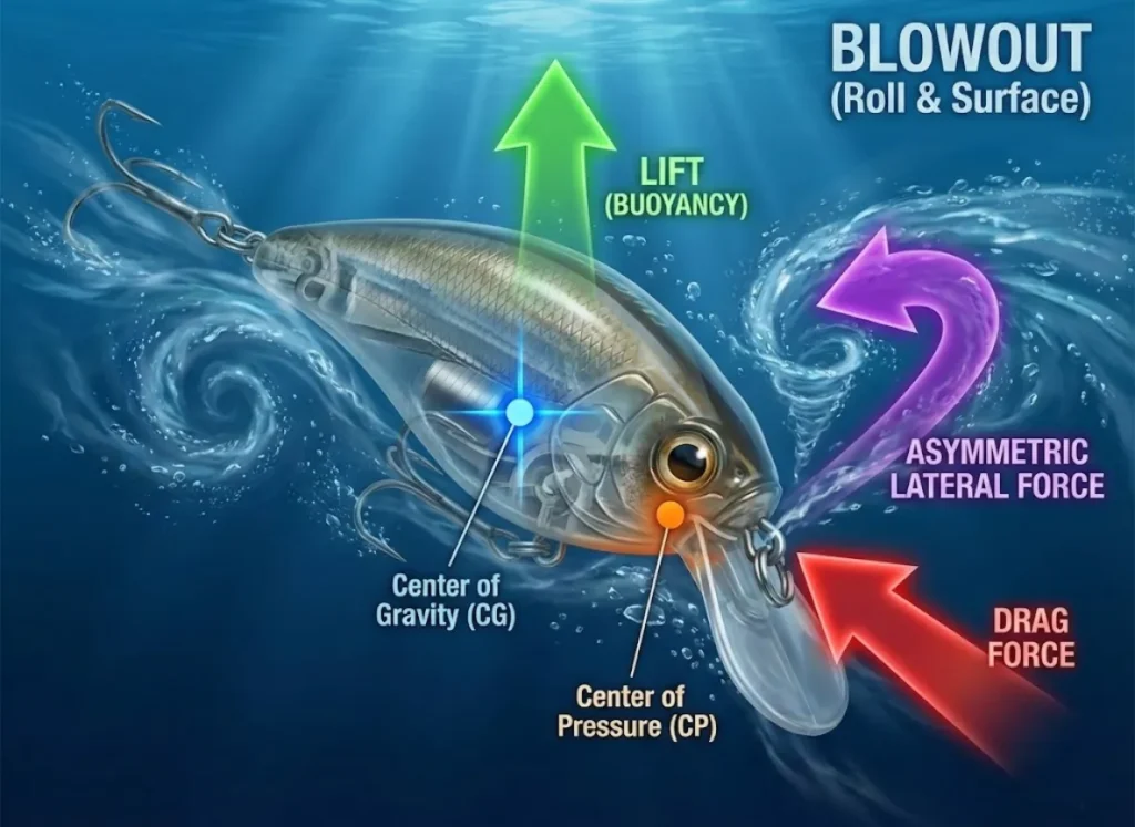 A detailed scientific diagram illustrating the forces causing fishing lure instability. A transparent crankbait underwater shows the Center of Gravity (CG) and Center of Pressure (CP). Arrows indicate Drag Force on the lip, Lift (Buoyancy) on the body, and asymmetric Lateral Force caused by a misaligned eyelet, leading to a "Blowout" roll.