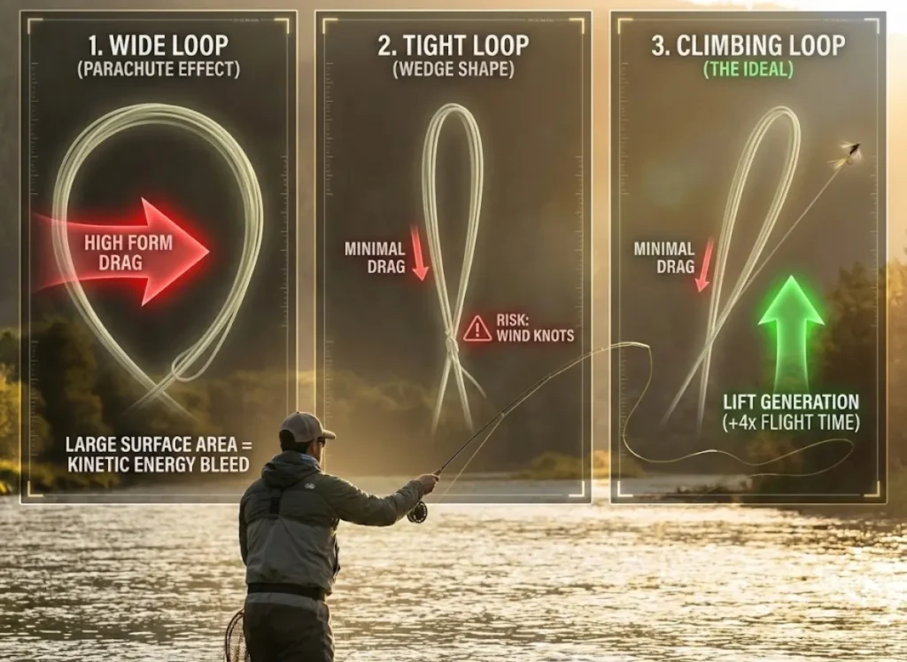 A technical comparison infographic illustrating fly casting aerodynamics across three panels over a river at sunset. Left panel: "Wide Loop" with large red "High Form Drag" vectors. Center panel: "Tight Loop" with small red "Minimal Drag" vectors. Right panel: "Climbing Loop" with small drag vectors and large green "Lift Generation" vectors, showing extended distance.