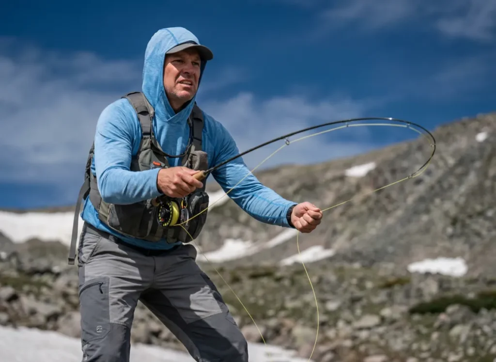 A fly angler casting a tight loop with a fast-action rod at a high mountain lake.

