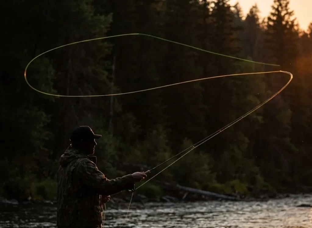Side profile of a Rio fly line loop unrolling in the air against a dark forest background.