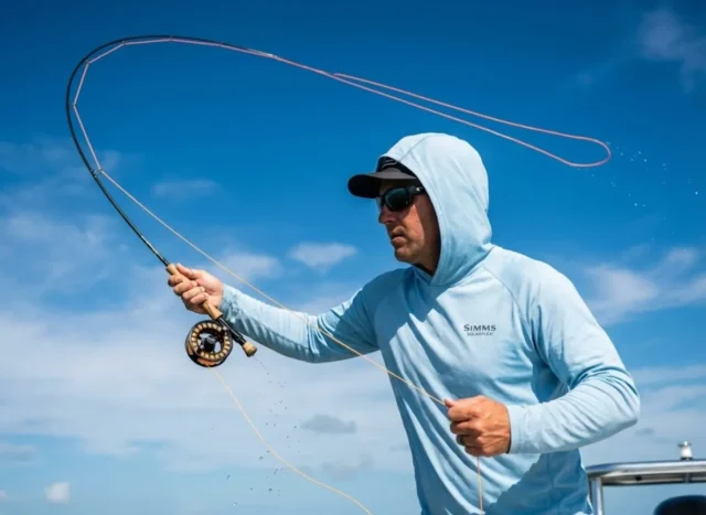 fly-line-physics-loop-energy Angler casting a Sage fly rod with a tight loop of Scientific Anglers fly line on a saltwater flat.