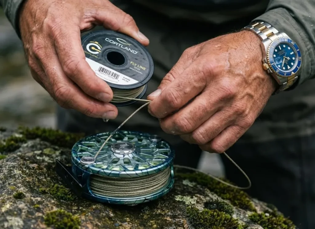 Angler's hands adjusting a Cortland shooting head fly line near an Abel fly reel on a river rock.