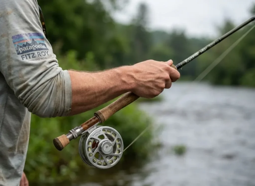 Close up of an angler's hand gripping a G.Loomis fly rod and Nautilus reel, demonstrating casting leverage.