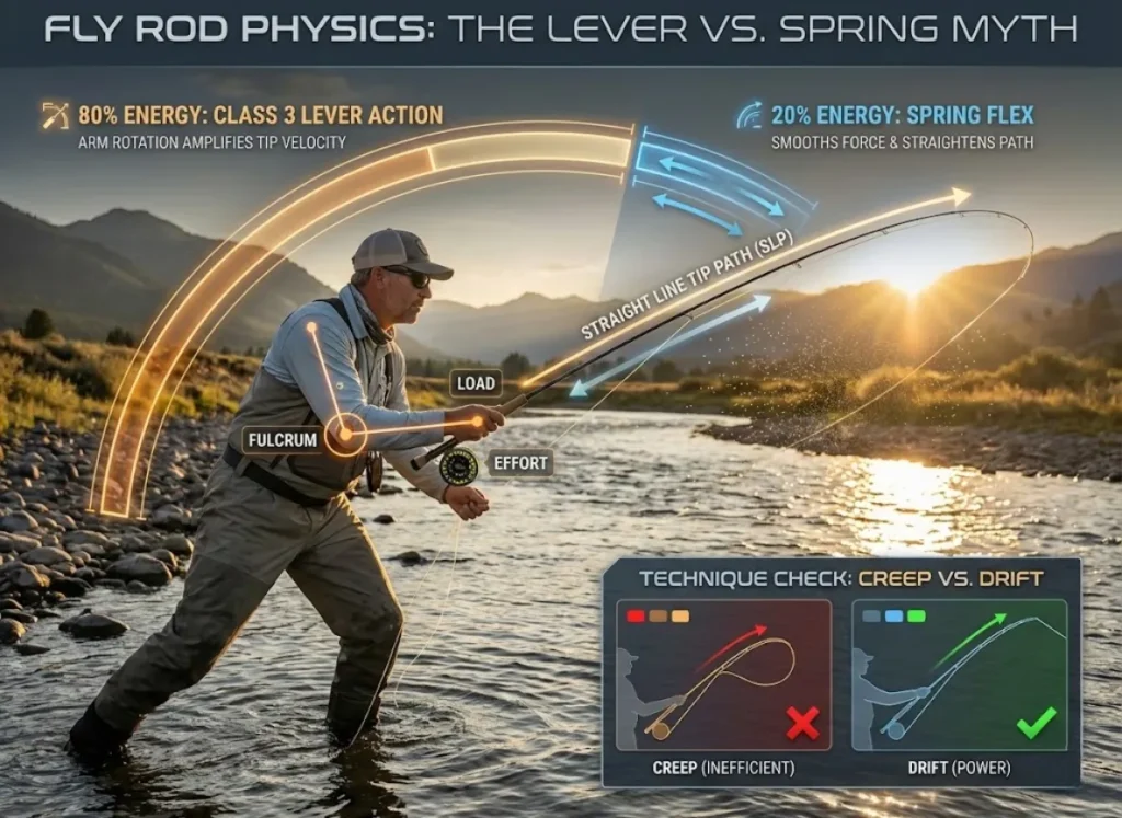 A technical infographic titled "Fly Rod Physics: The 80/20 Rule." A fly angler is shown mid-forward cast, overlaid with biomechanical data visualizing that 80% of line energy is derived from Class 3 Lever action, while 20% comes from the rod's spring flex.