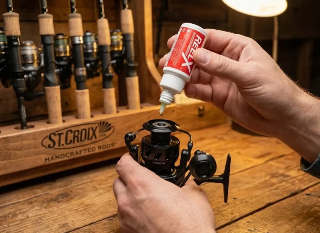 Applying ReelX lubricant to a Van Staal spinning reel with St. Croix rods stored in the background.