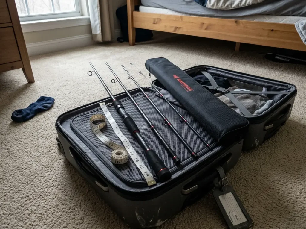 Four-piece travel fishing rod broken down beside a carry-on bag to meet airline size limits