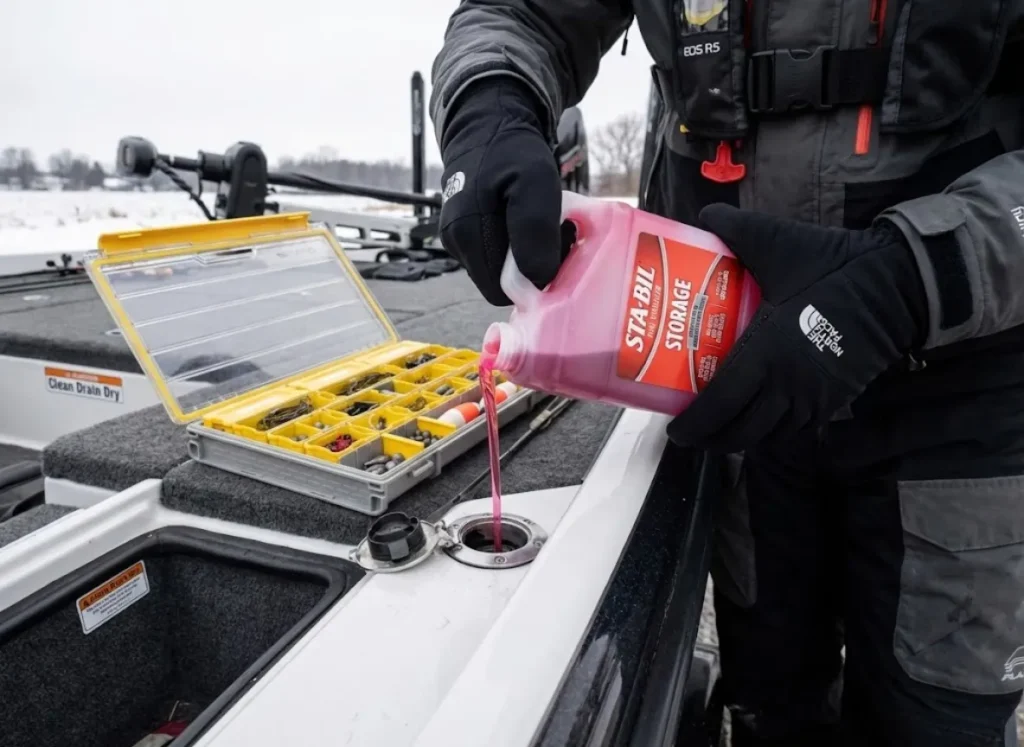 Pouring Sta-Bil fuel stabilizer into a boat tank with a Plano tackle box in the foreground.