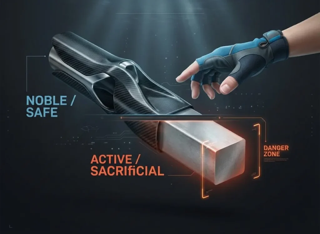 A vertical 3D infographic showing a hierarchy of fishing tackle materials. The top shows sleek Carbon Fiber labeled 'Noble / Safe', transitioning down to a raw metallic Magnesium block labeled 'Active / Sacrificial' and 'Danger Zone', set against a dark, premium editorial background.