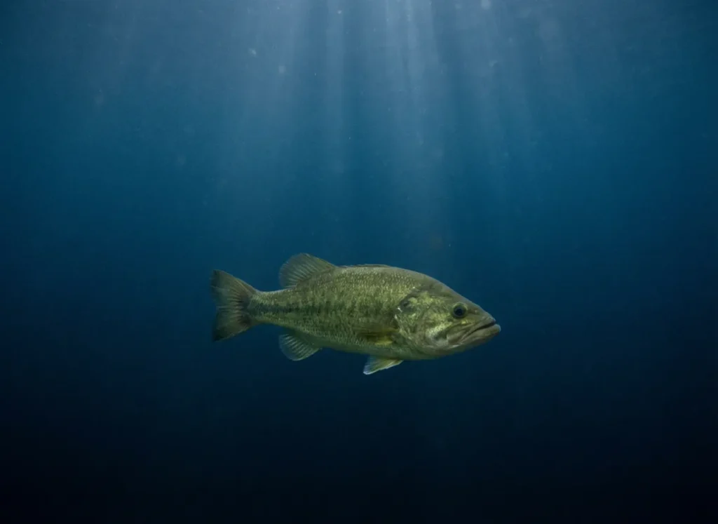 Large bass suspended in deep open water holding at a specific depth level.
