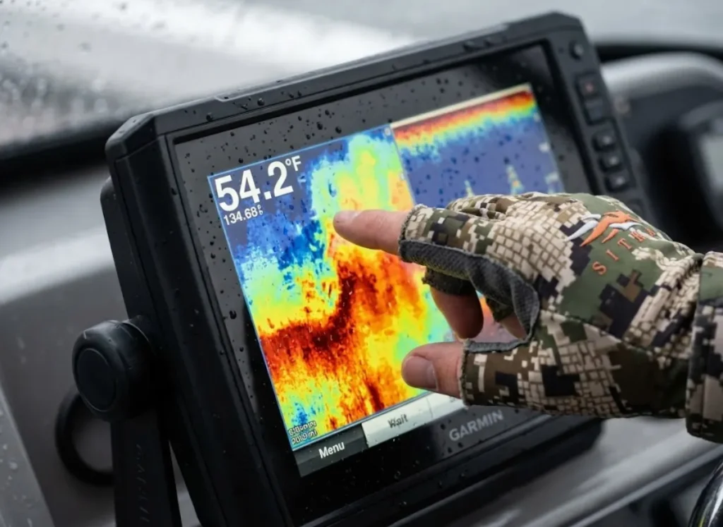 Macro photography of a Garmin fish finder screen displaying a water temperature heatmap, highlighting the scientific aspect of locating fish based on thermal preferences.