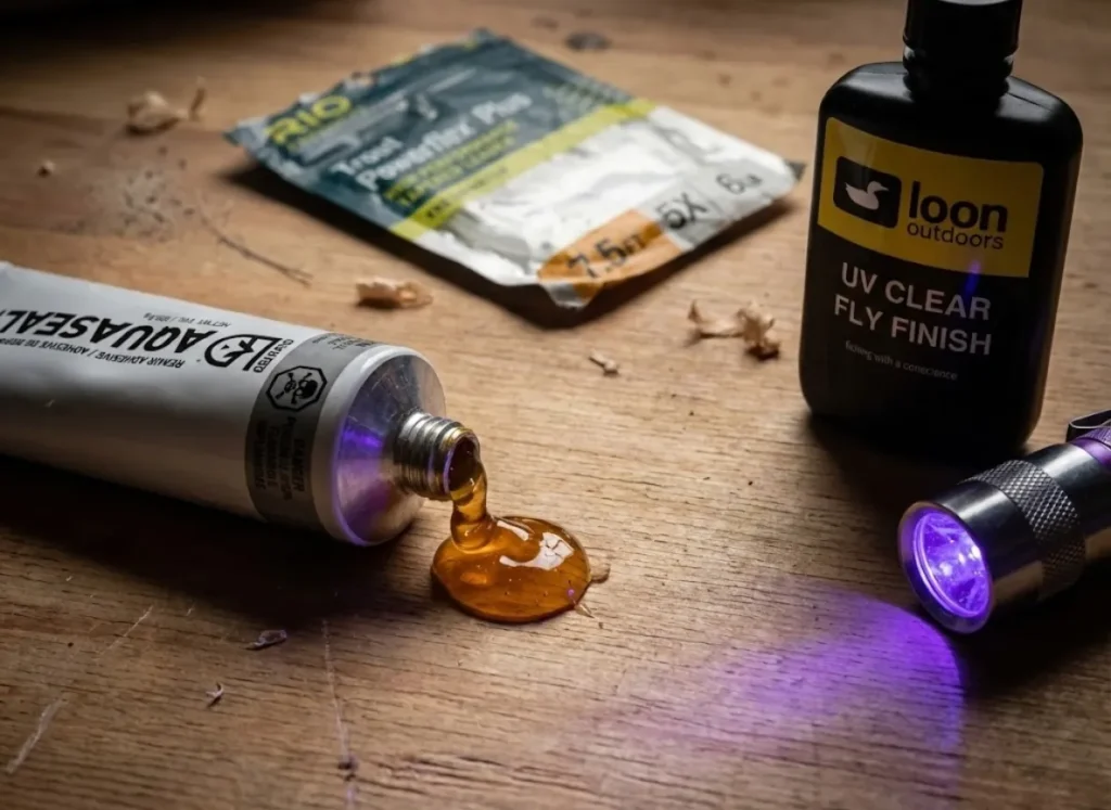 Comparison of Gear Aid Aquaseal FD adhesive and Loon Outdoors UV resin on a wooden workbench.