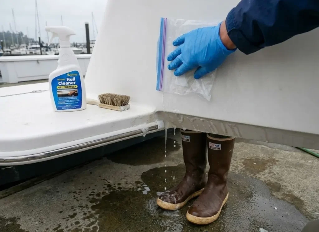 Hand performing the baggie test on oxidized gelcoat next to Star Brite cleaner and Xtratuf boots to diagnose surface roughness.