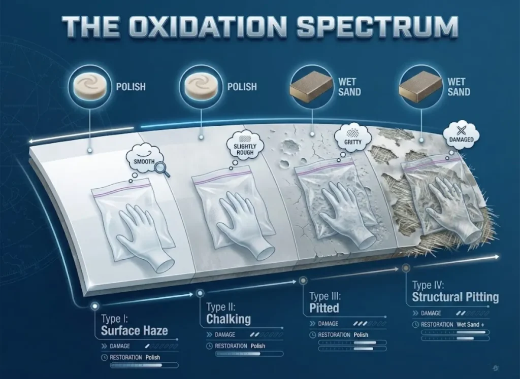 A detailed cross-section infographic illustrating the four stages of gelcoat oxidation on a boat hull. The visual transitions from a smooth, glossy surface (Type I) to a rough, pitted surface exposing fibers (Type IV). A stylized hand inside a plastic sandwich bag is shown running over the surface to demonstrate the "Baggie Test." Icons indicate treatment methods: polishing for early stages and wet sanding for advanced decay.