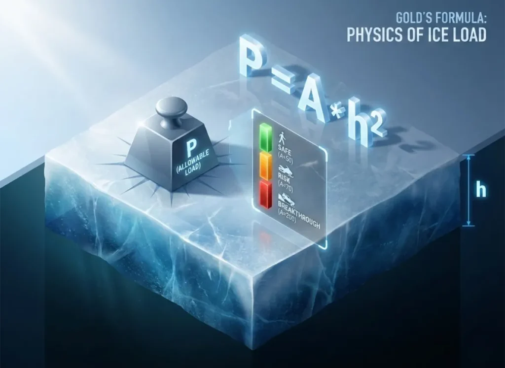 An isometric 3D cross-section of a frozen lake illustrating Gold's Formula ($P = A \cdot h^2$). The image shows a translucent block of ice with glowing measurement lines for thickness ($h$) and a stylized heavy weight representing Load ($P$). A floating holographic interface displays the risk coefficients for Safe ($A=50$), Risk ($A=70$), and Breakthrough ($A=200$).