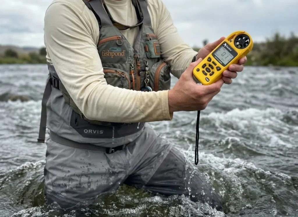 Angler in Orvis waders using a Kestrel 5500 Weather Meter in a river environment.