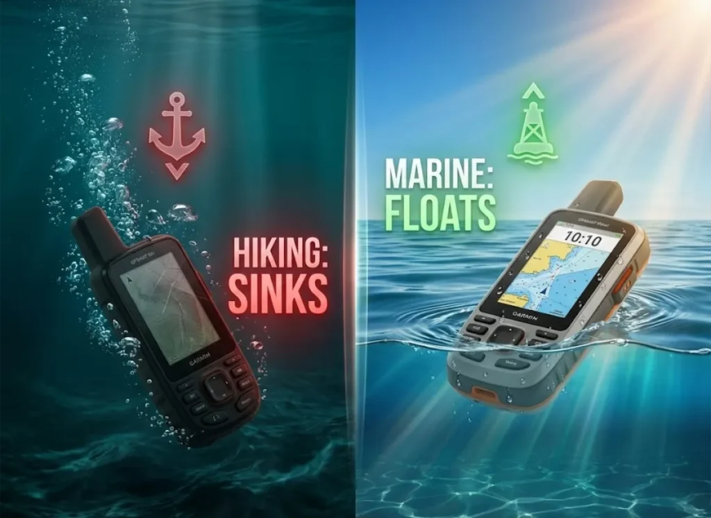 A split-view underwater cross-section illustration comparing GPS units. On the left, a hiking GPS sinks into deep water labeled "HIKING: SINKS" with an anchor icon. On the right, a marine GPS floats on the surface labeled "MARINE: FLOATS" with a buoy icon.