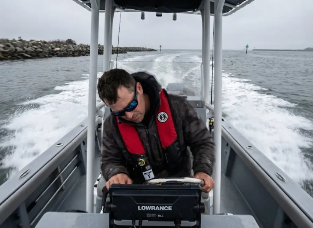 Angler wearing Mustang Survival life vest driving a boat at speed while distracted by a Lowrance HDS Live GPS unit.