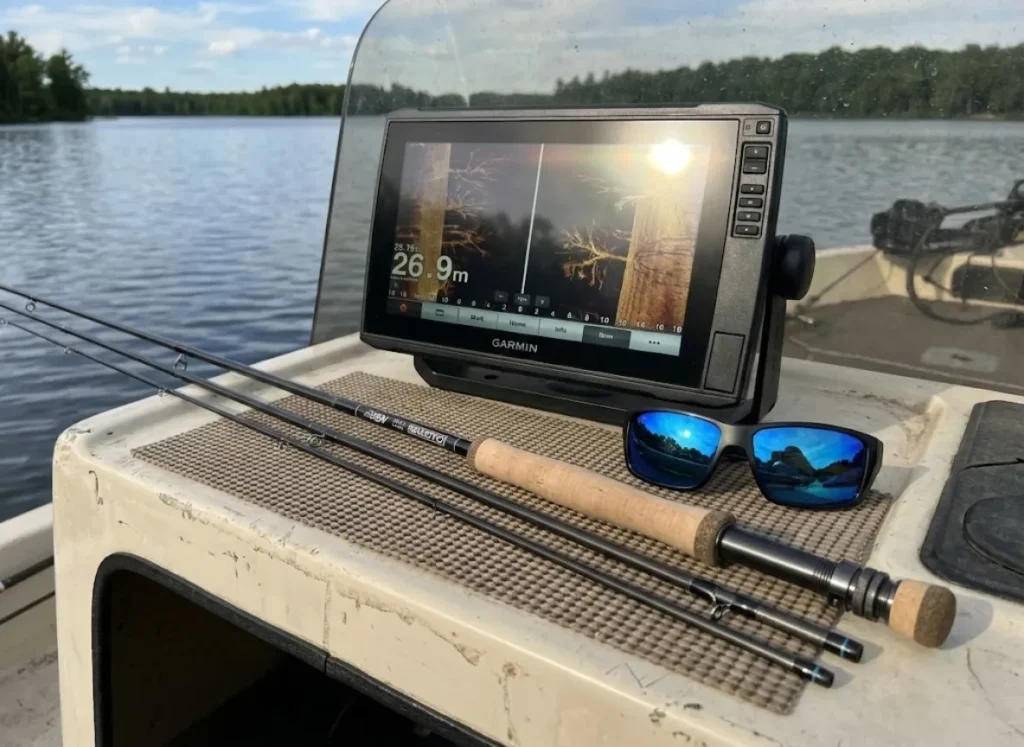 Angler with G. Loomis rod checking a clean, color-coded map on a Garmin ECHOMAP Ultra unit.