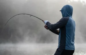 Graphite vs Glass Rods Science: The Physics of Feel An angler setting the hook on a misty lake, showing the parabolic bend of the fishing rod.
