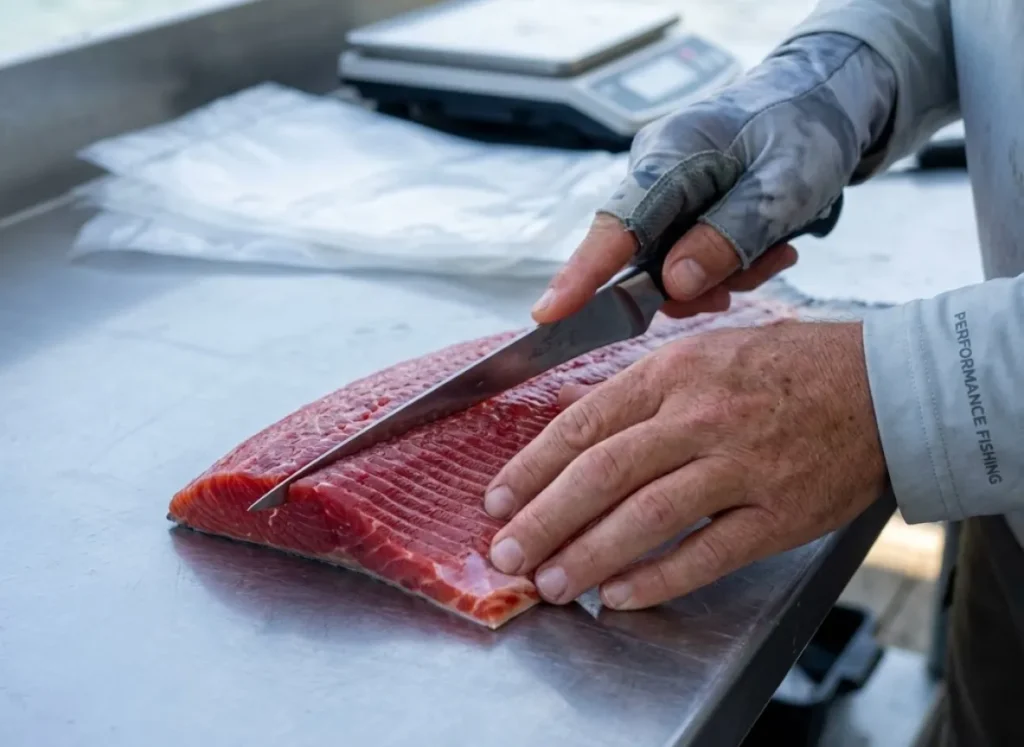 A close-up of fresh wild salmon being filleted and processed for freezing at a fishing lodge.