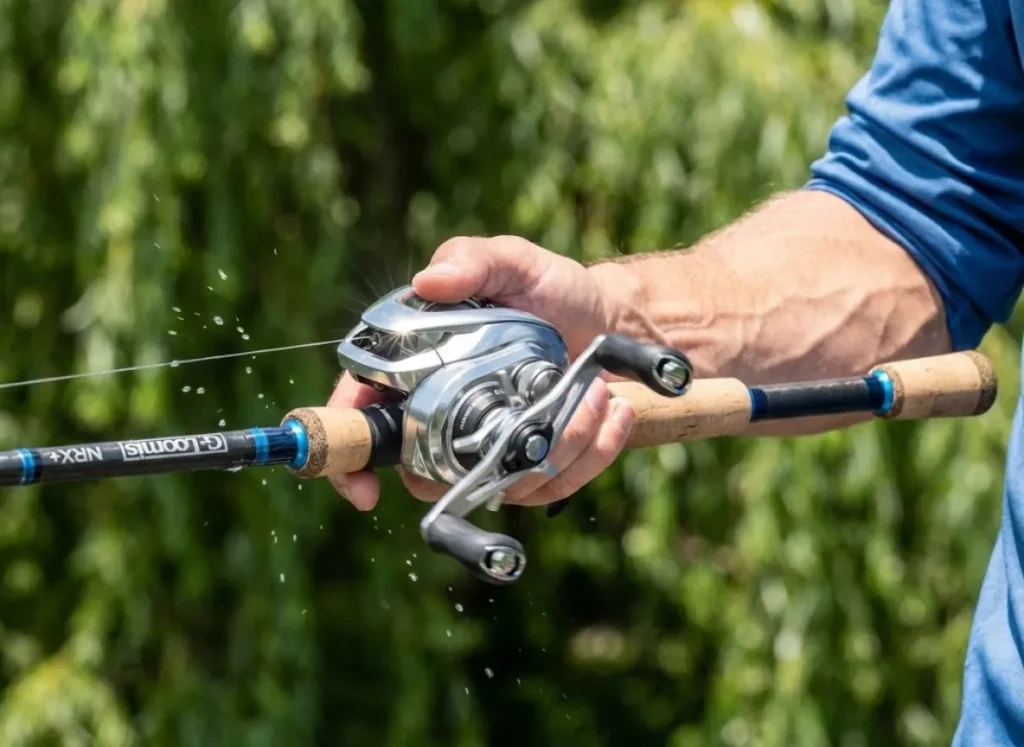 Close-up action shot of an angler's hand rapidly cranking a Shimano baitcasting reel, demonstrating the high-speed retrieve technique for warm water fishing.