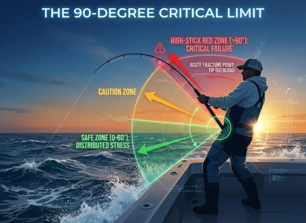 A complex semantic infographic overlaying a photograph of an angler fighting a fish from a boat. A vector diagram highlights three zones of rod elevation: a green 'Safe Zone' (0-60°), a yellow 'Caution Zone', and a red 'High-Stick Red Zone' (>90°). Glowing force vectors show stress shifting from the strong rod butt in the green zone to a concentrated fracture point at the tip in the red zone.